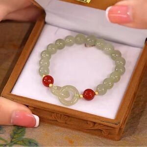 Natural Hetian Green Jade & Red Agate Gemstone Beaded Interlocked Bracelet